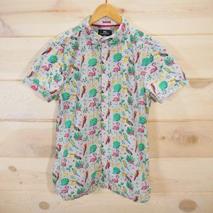 MTL Made To Live NYC Mens S Slim Fit Tropical Birds Button up Short Sleeve Shirt
